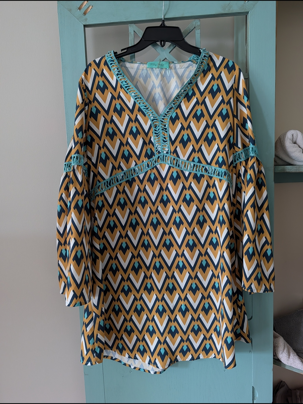 Filly Flair Cream, Light Blue & Teal Crochet-Trim Blouse